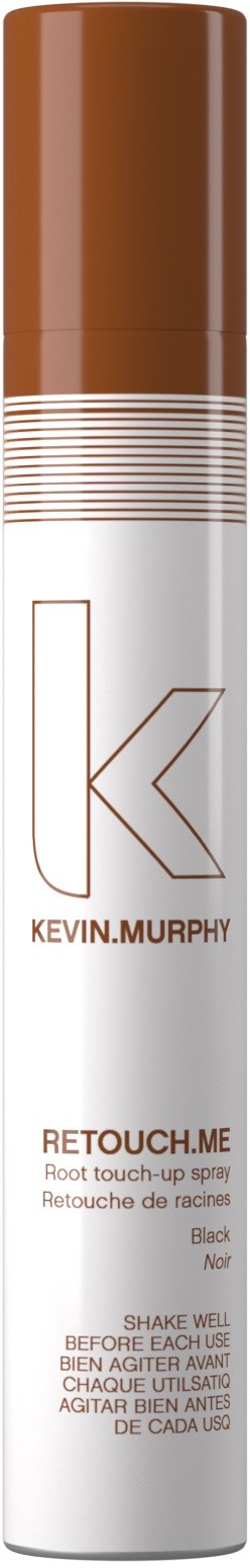 En lång, smal sprayburk med brunt lock och vit kropp, märkt Kevin Murphy retouch.me, för hudretuschering och blandning.