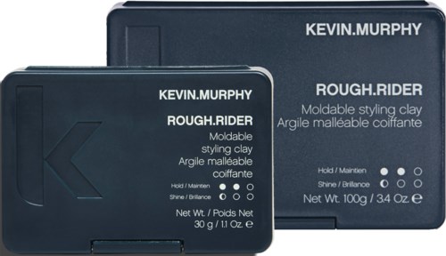 Two tins of Kevin Murphy Rough Rider styling clay with black packaging and white text.
