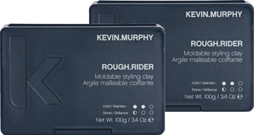 Two boxes of Kevin Murphy Rough Rider styling clay, dark packaging, show product name and weight.