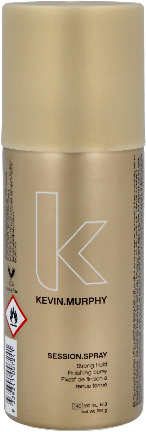 Beige Spraydose mit großem 'K' und 'Kevin Murphy'-Etikett. Enthält stark haltendes Finish-Spray. Warnsymbol vorhanden.