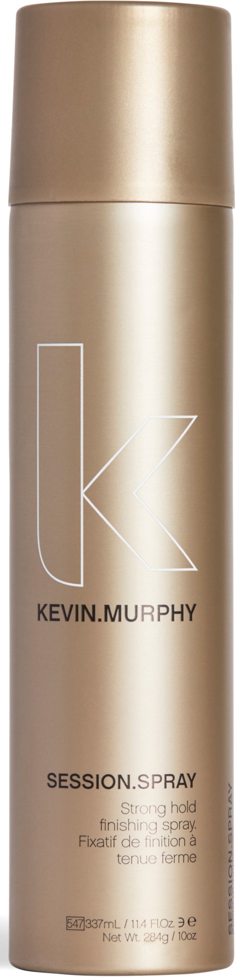 En lång, beige metallflaska märkt 'Kevin Murphy' med 'SESSION. SPRAY' under, används för hårstyling.