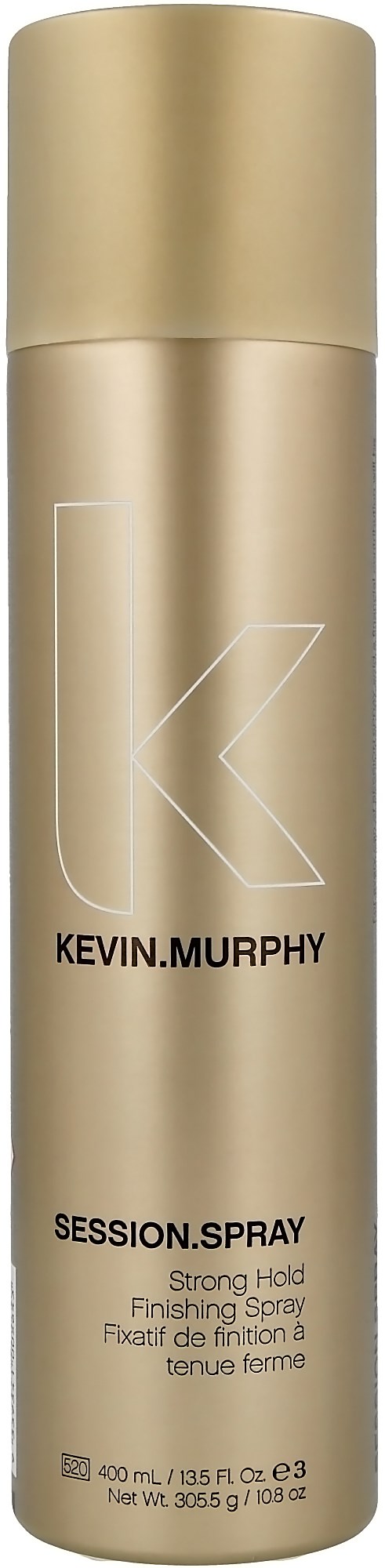 Eine lange, goldene Sprühdose mit der Aufschrift 'Kevin Murphy Session Spray' vor schwarzem Hintergrund.