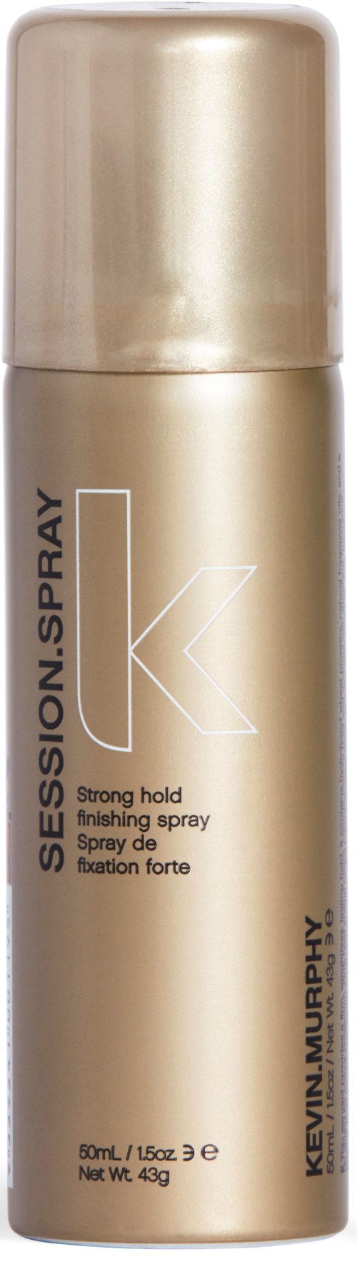 En guldfärgad burk av Kevin Murphy Session Spray med en stor bokstav K och produktdetaljer.