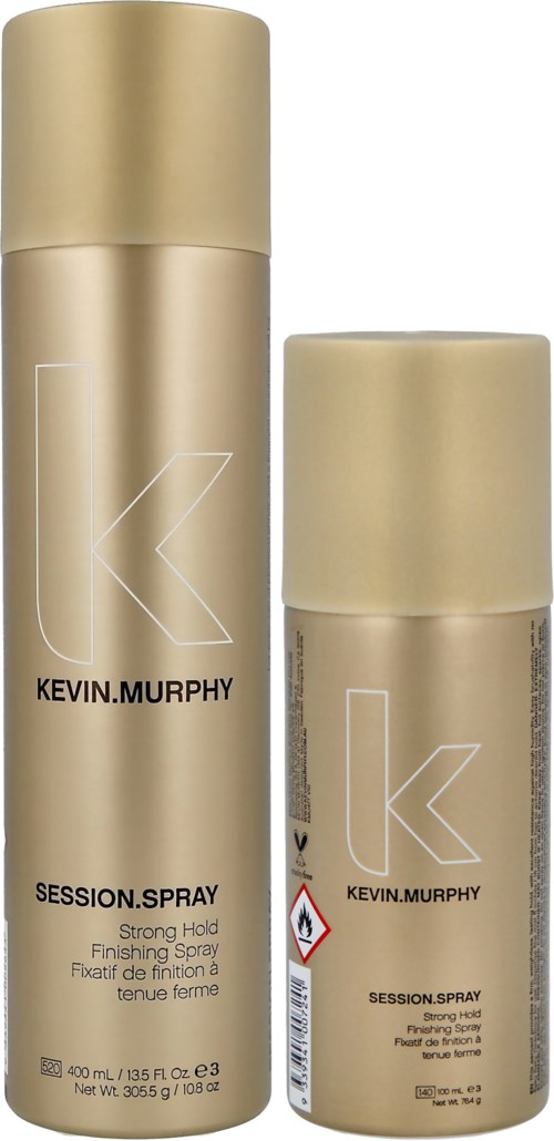 Zwei goldene Sprühdosen mit Kevin Murphy Session Spray, verwendet für Haart styling, eine größere und eine kleinere.