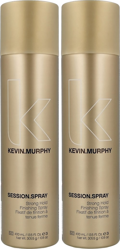 Zwei goldfarbene Dosen mit Kevin.Murphy Session Spray, ein stark haltendes Finish-Spray.