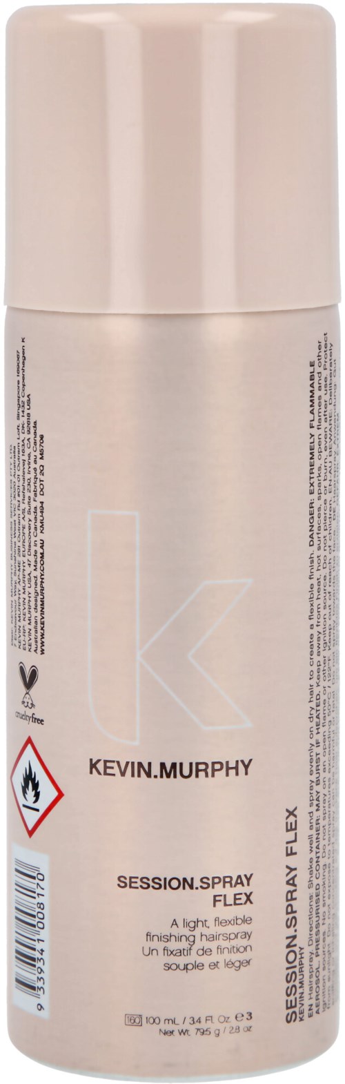 A white spray can labeled 'Kevin.Murphy' for hair styling, with safety symbols and text in black.