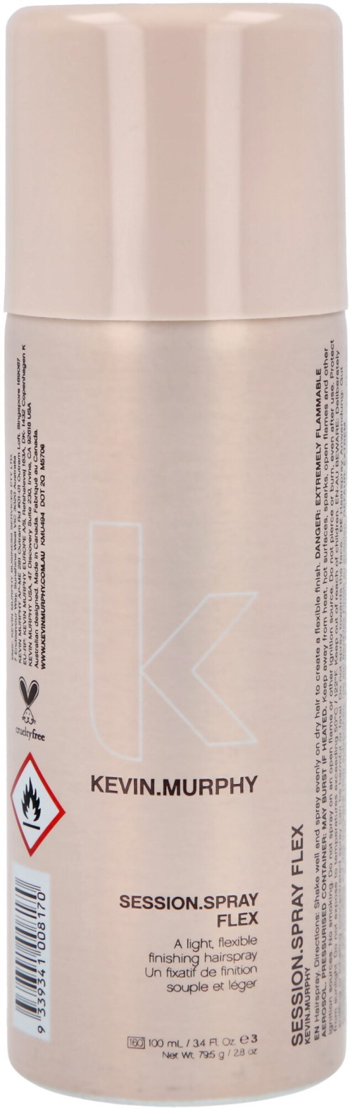 En vit sprayburk med svart text, varningssymboler och en stor bokstav 'K'. Den står 'KEVIN.MURPHY SESSION.SPRAY FLEX'.
