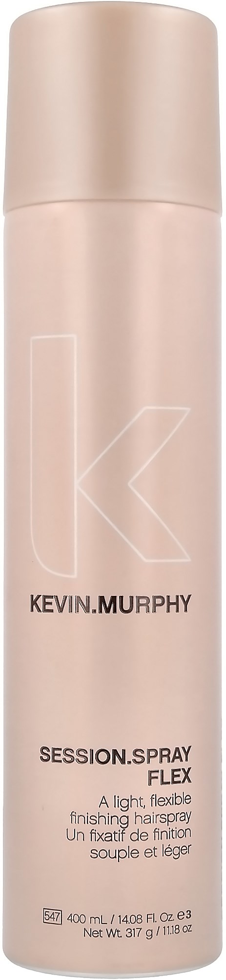 A light pink spray bottle labeled 'Kevin Murphy' and 'Session Spray Flex' for hair styling.