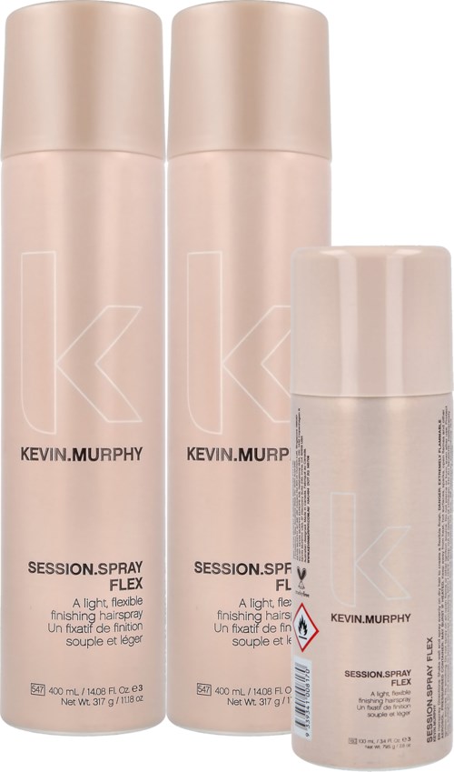 Two taller cans and a smaller spray bottle, all beige, labeled Kevin Murphy, likely hair styling products.