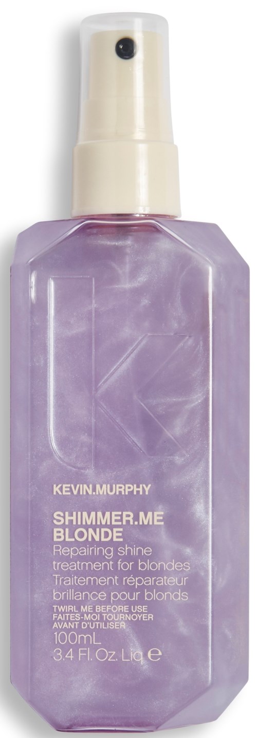 Eine lila Sprühflasche mit Kevin Murphy Shimmer.Me Blonde für Haarglanz und blonde Haubehandlung.