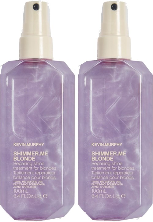 Zwei lila Flaschen mit Haarpflegeprodukt von Kevin Murphy, markiert Shimmer.Me Blonde, für Glanzreparatur und Blondhaar.