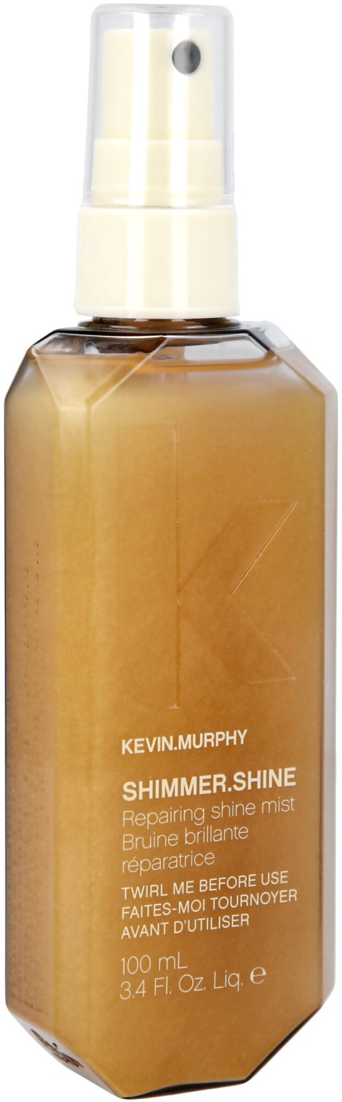 Eine braune Sprayflasche mit dem Label Kevin Murphy Shimmer Shine zur Reparatur und Verbesserung des Haarsiiltoa. Mit weißem Spraykopf.
