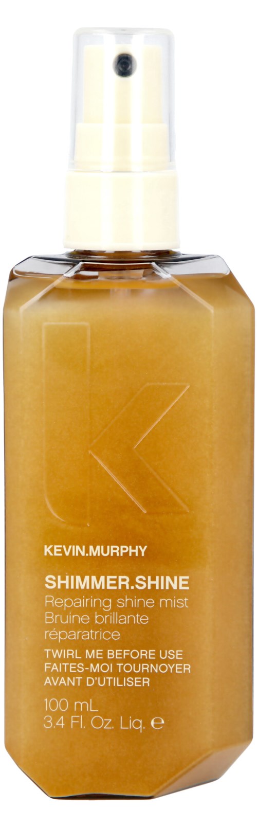 Braune Sprühflasche mit weißer Sprühdüse, beschriftet Kevin.Murphy Shimmer.Shine reparierender Glanznebel, 100 mL.