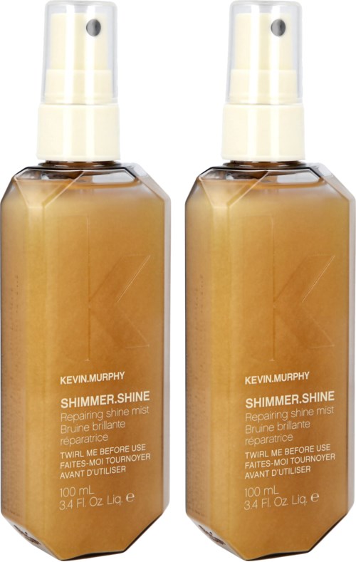 Kaksi pulloa Kevin Murphy Shimmer Shine -sparklesuihketta hiuksille, 100 ml kumpikin, kultaiset pullot suihkepäillä.