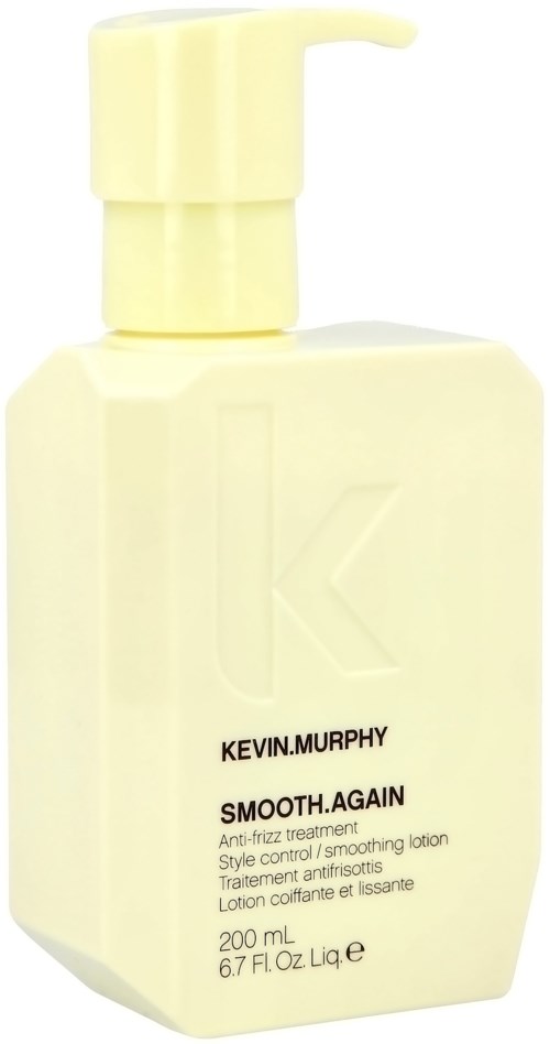 Beige Flasche mit Pumpe, gekennzeichnet Kevin Murphy Smooth Again, Anti-Frizz-Haarbehandlung, enthält 200 mL.
