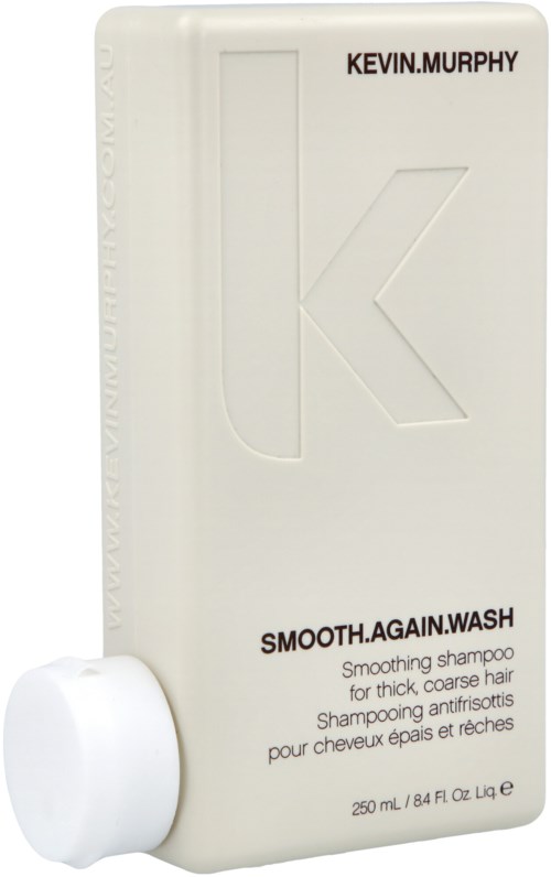 A white shampoo bottle with a round cap, labeled 'Kevin.Murphy' and 'Smooth.Again.Wash'.