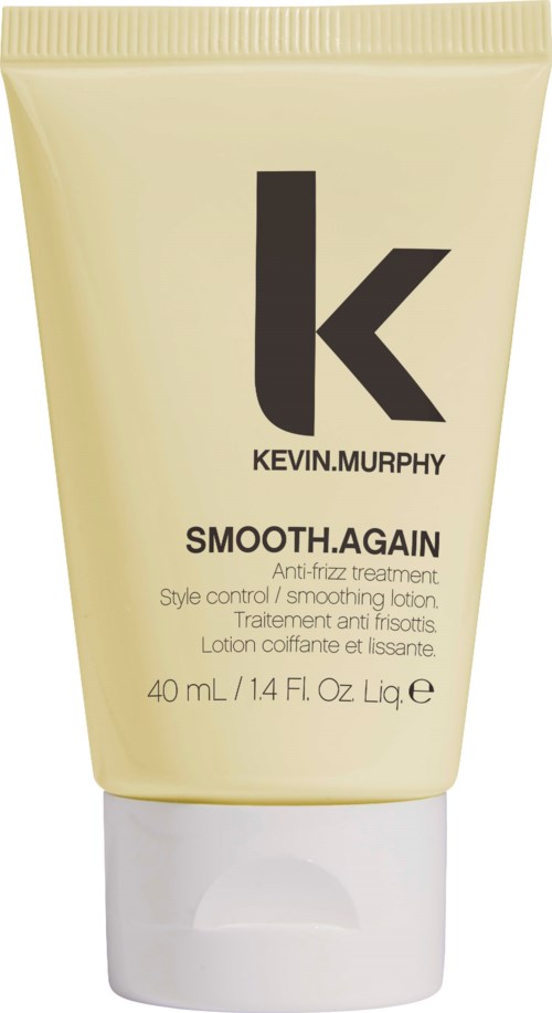 En tub Kevin Murphy Smooth.Again anti-frizz-behandlingslotion med svart och vitt text på en beige bakgrund.