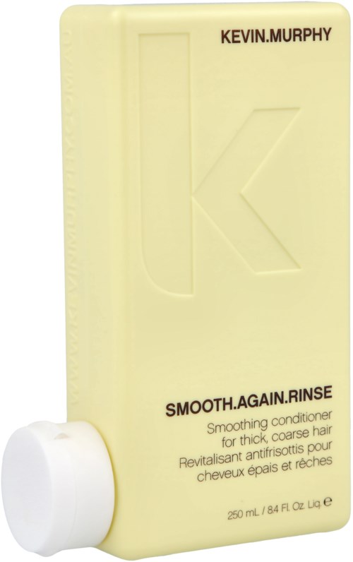 Eine gelbe Flasche Kevin Murphy Haarspülung mit weißem Deckel, beschriftet "SMOOTH. AGAIN. RINSE" und Produkthinweise.