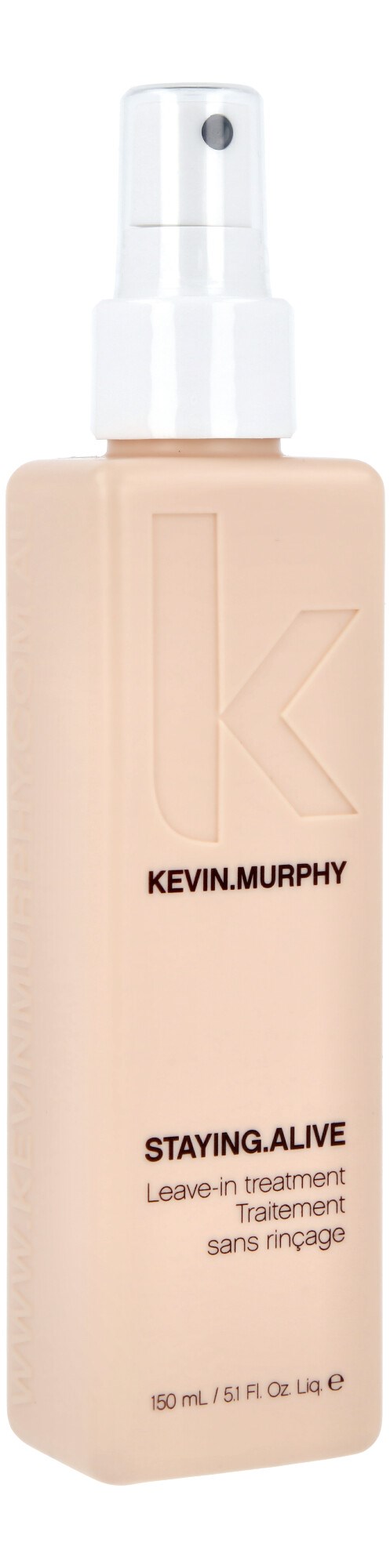Ein beiges Sprühflasche mit schwarzem Text 'Kevin Murphy Staying. Alive' für Leave-in-Behandlung.