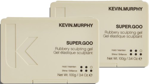 Two beige boxes labeled Kevin Murphy Super.Goo, a rubber sculpting gel product, with text describing hold and shine features.