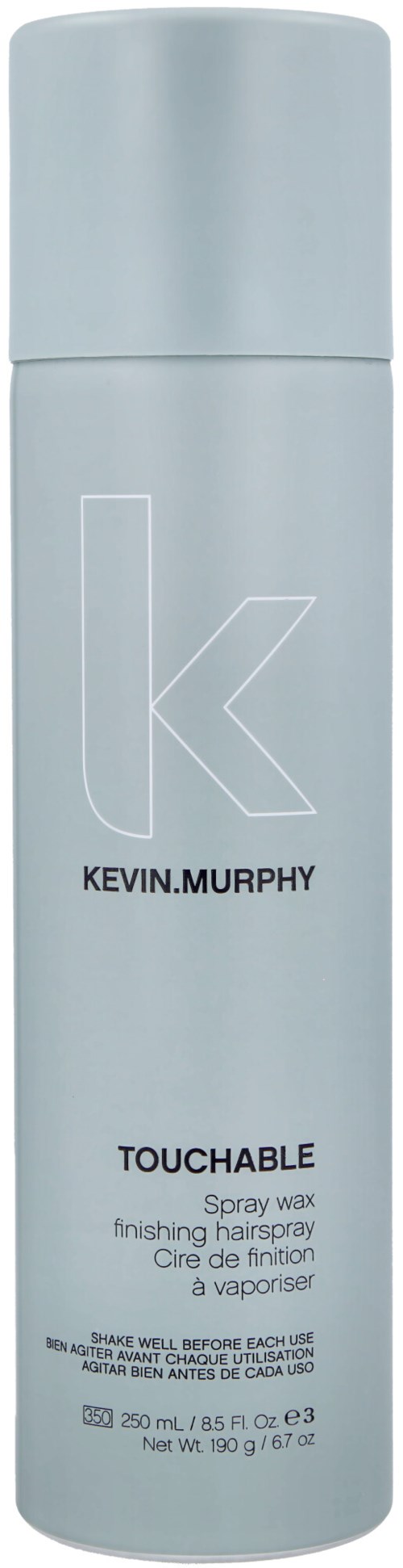Eine lange, hellgraue Sprühdose mit einem großen Buchstaben 'K' und dem Namen Kevin Murphy, gekennzeichnet als Finish-Spray.