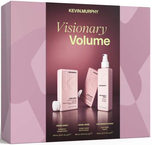 Kevin Murphy Visionary Volume hair care products with shampoo, conditioner, and spray on pink background.