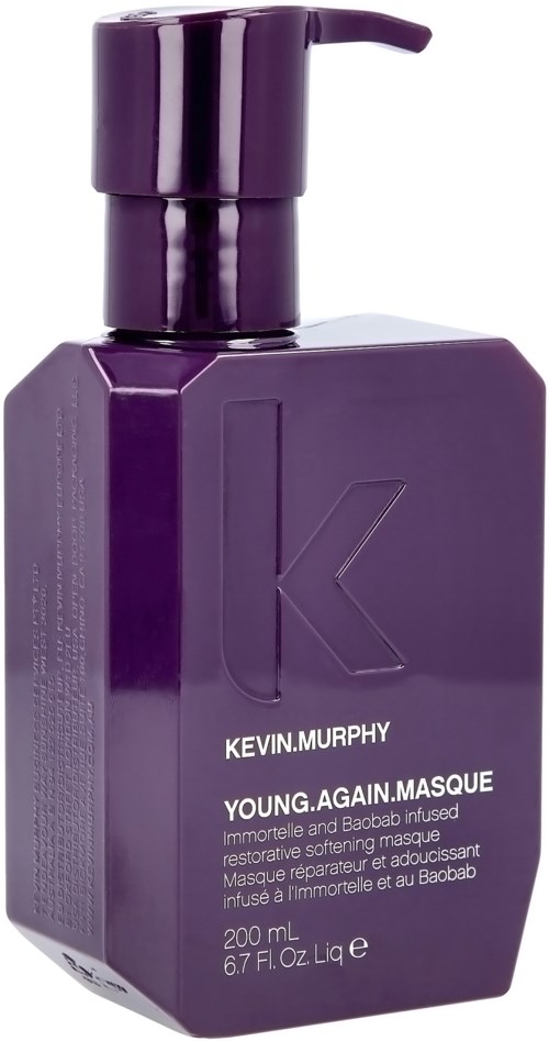 Eine lila Flasche mit Pumpe und großem 'K' an der Vorderseite, beschriftet Kevin.Murphy Young.Again.Masque.