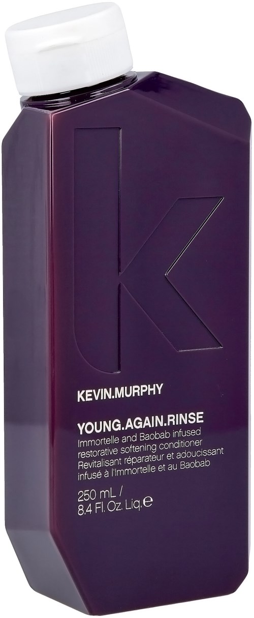 Dunkellila Flasche mit weißem Deckel, beschriftet 'Kevin Murphy Young.Again.Rinse' für Haare, 250 ml. Einfaches Design.