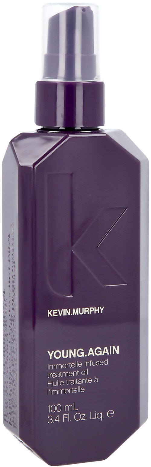 Een paarse fles Kevin Murphy Young Again Immortal Infused Treatment Oil met pomp, 100 ml.