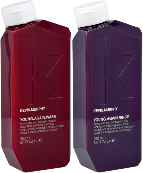 Zwei Kevin Murphy Haarprodukte, eine rote für Waschen und eine lila für Spülen, jeweils 250 ml.