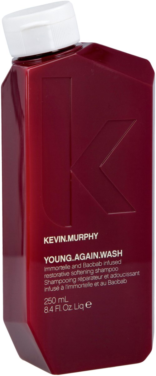 Eine rote Flasche Kevin Murphy Young.Again Wash Shampoo mit weißem Deckel und minimalistischen Design.