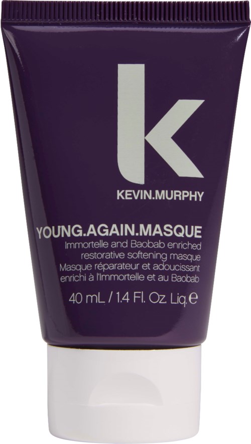 En lila tub med vitt lock, märkt 'Kevin Murphy Young Again Masque' för hårvård.