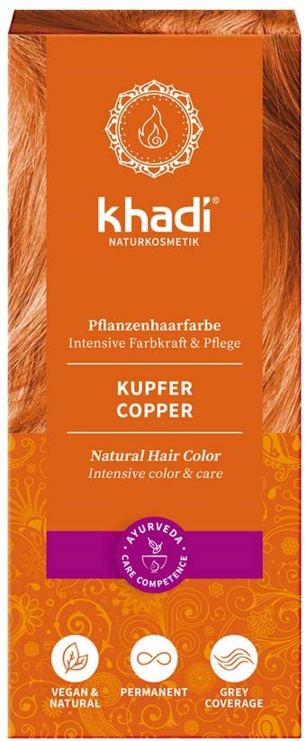 Boksen viser et naturlig hårfargeprodukt som heter Khadi i kobberfarge, vegansk, permanent og dekker grått hår.