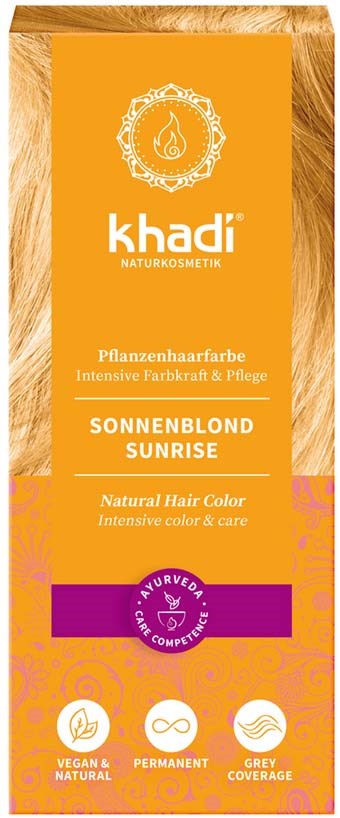 Oransje eske med tekst om naturlig hårfarge, vegansk, langvarig, dekkende grått hår, solskinnsblond.