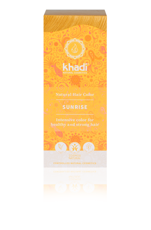 Khadi hårfargingsboks, oransje bakgrunn, hvit tekst, solgrafikk, naturlig hårfarge, fremmer sunt, sterkt hår.