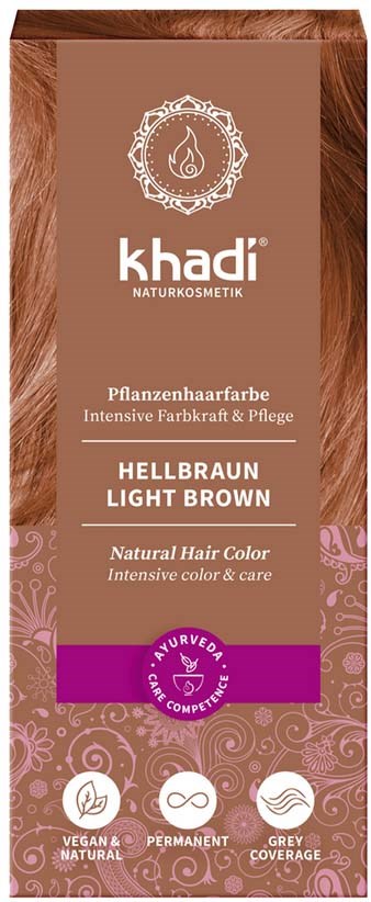 Esken viser en lys brunt hårfargestoff for naturlig, vegansk og permanent bruk med lilla og brune designelement.