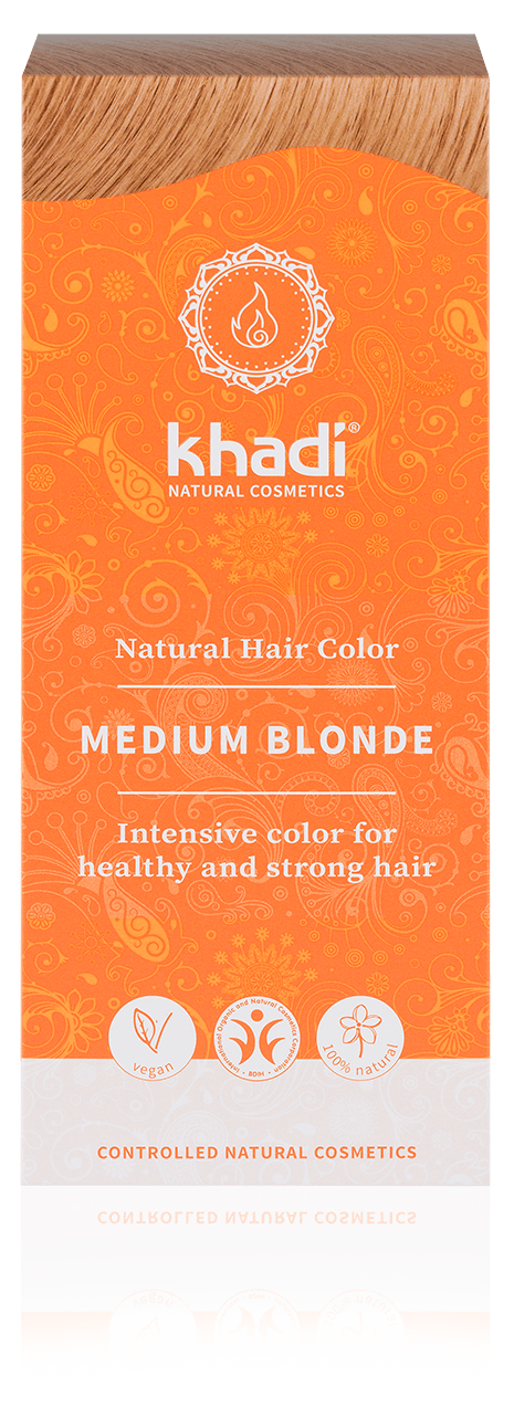 En eske med Khadi naturlig hårfarge for mellomblond, med vekt på naturlig, sunt og sterkt hår med urtetilsetninger.