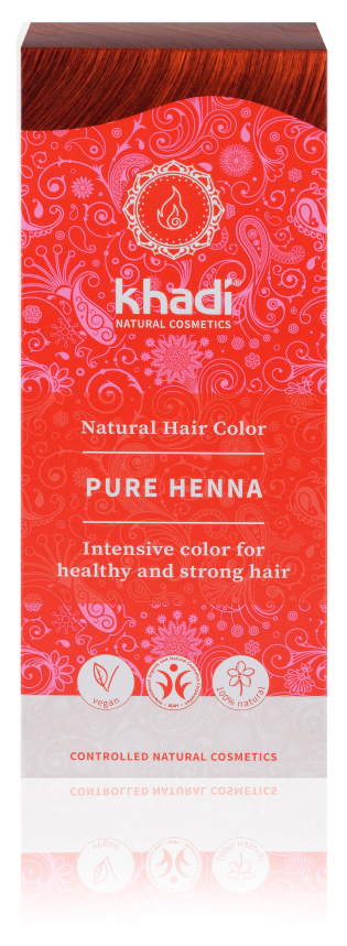 Rødt emballasje med blomsterdesign, merke Khadi, sier Pure Henna, for sunt og sterkt hår. Inneholder naturlige ingredienser.