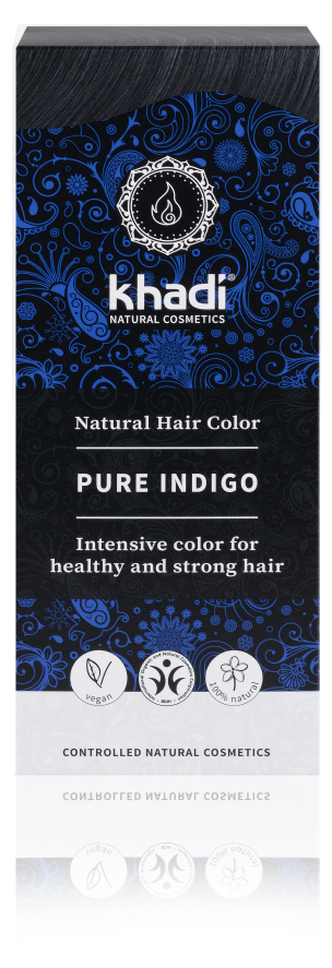En eske med hårfarge merket 'Pure Indigo' for sunt og sterkt hår, med symboler for naturlige ingredienser.