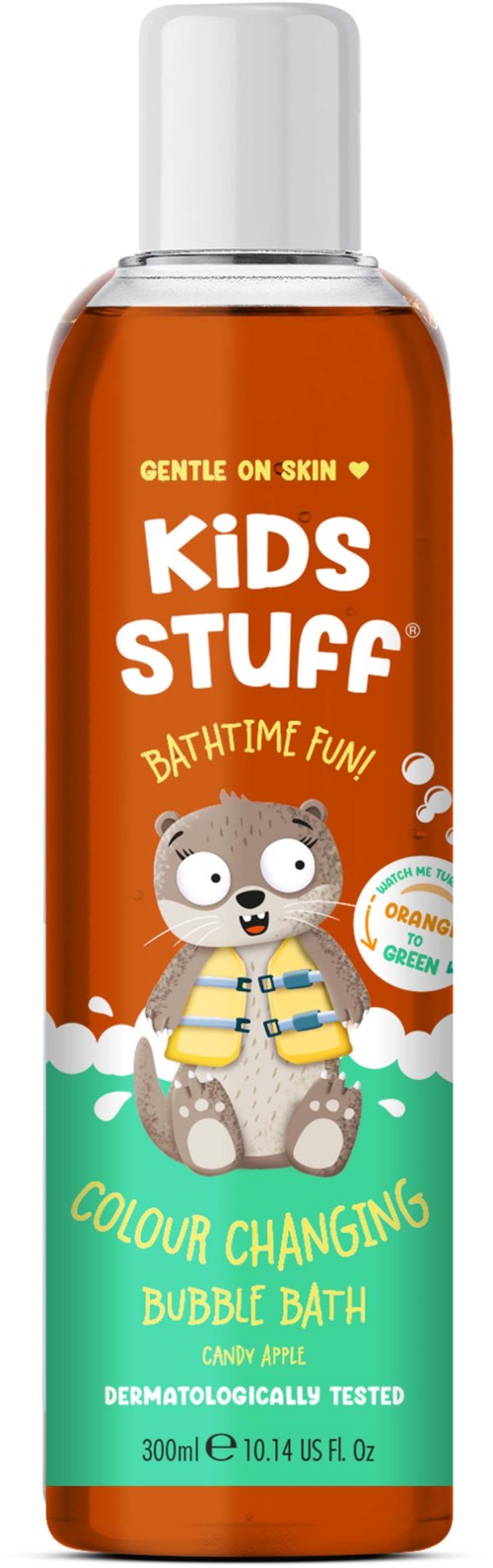 Orange bottle with a cute bear, colorful text, and labels for kids' bubble bath and skin-friendly product.