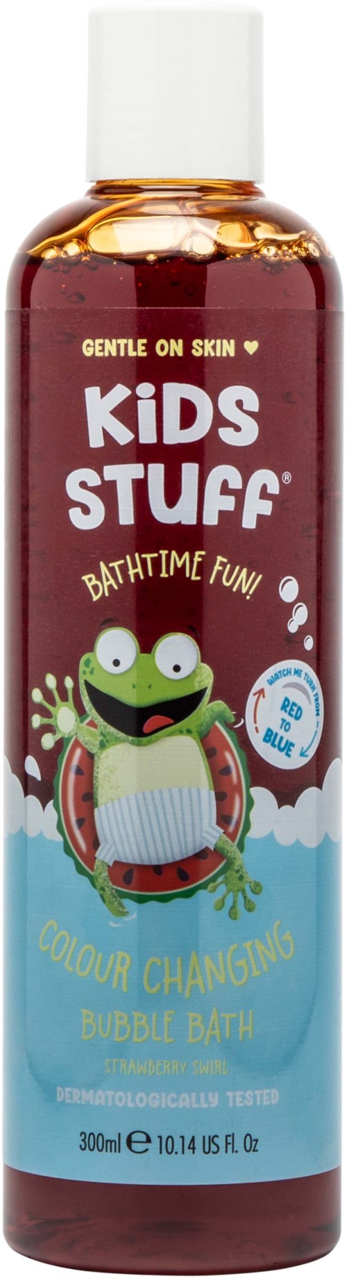 A bottle of children's bubble bath with a frog illustration and bright colors for fun bath time.