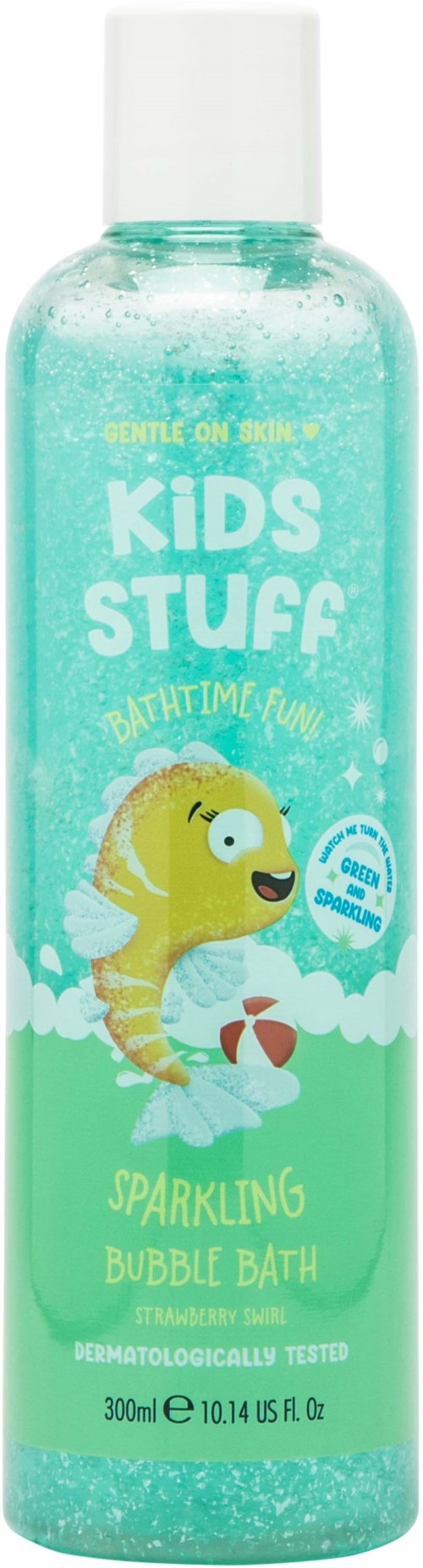 A clear bottle of bubble bath with a yellow seahorse and blue water, labeled as kids' sparkling bubble bath.