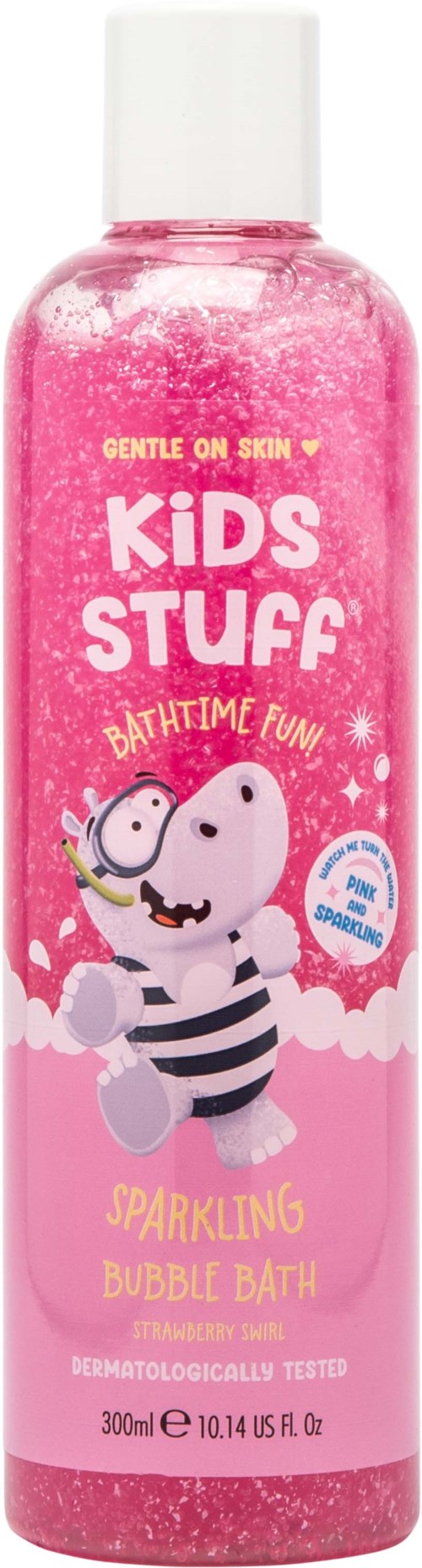 Pink bubble bath bottle with cartoon characters and text for kids, containing sparkling bath soap with a strawberry scent.
