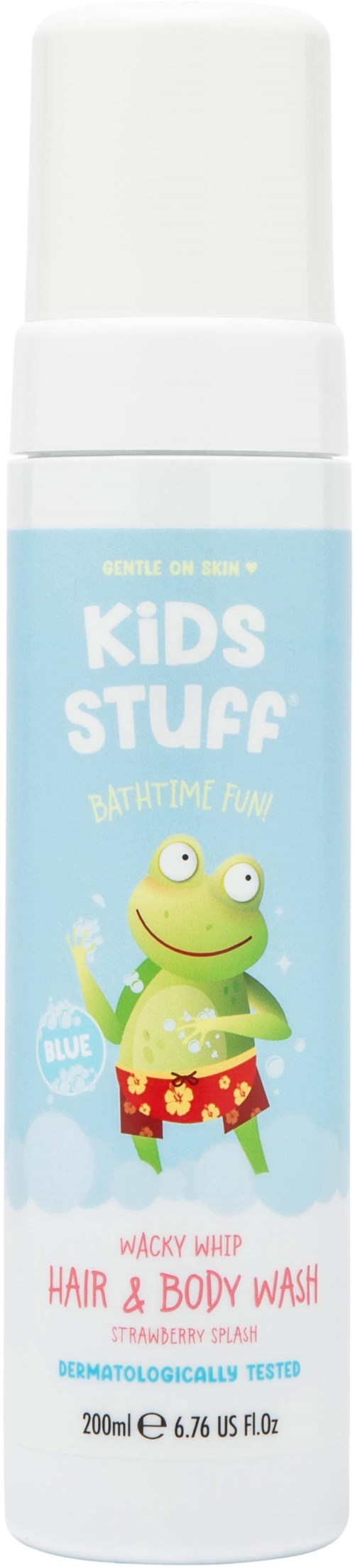 A white and blue bottle labeled 'Kids Stuff' featuring a frog cartoon, for hair and body wash for children.