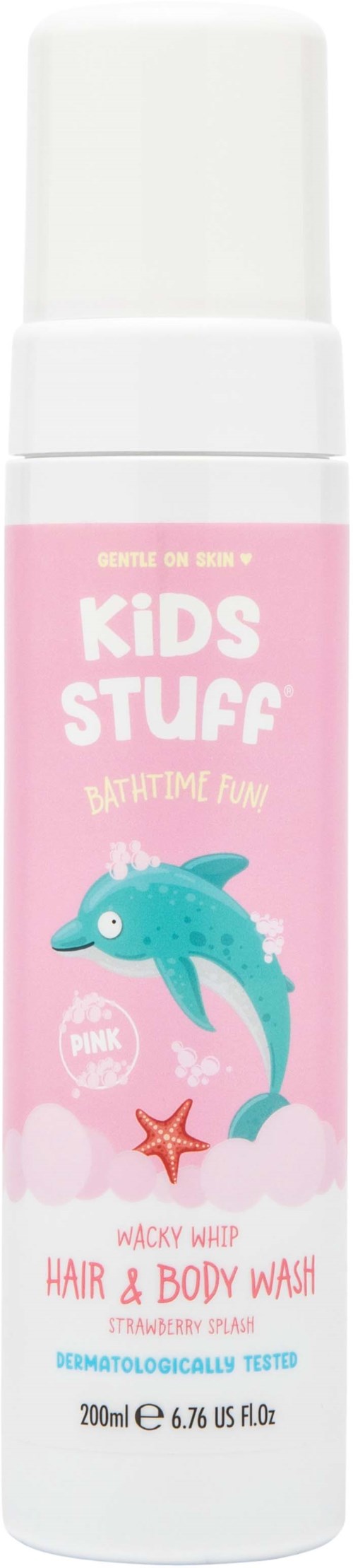 A pink bottle labeled "Kids Stuff" with a dolphin illustration and starfish, for hair and body wash for children.