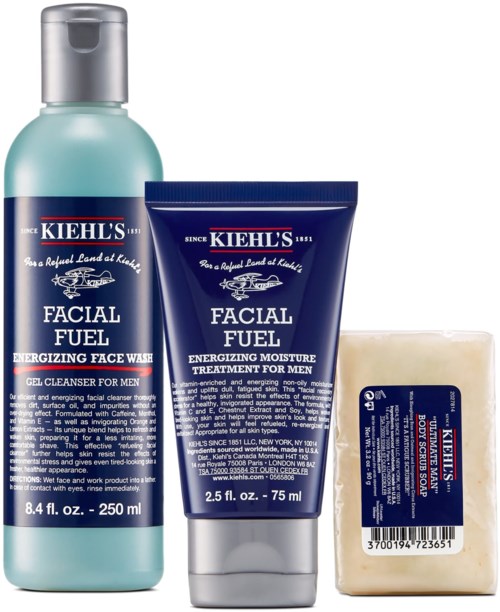 Kiehls gezichtsverzorgingsset met facial cleanser, moisturizer en zeep voor mannen.