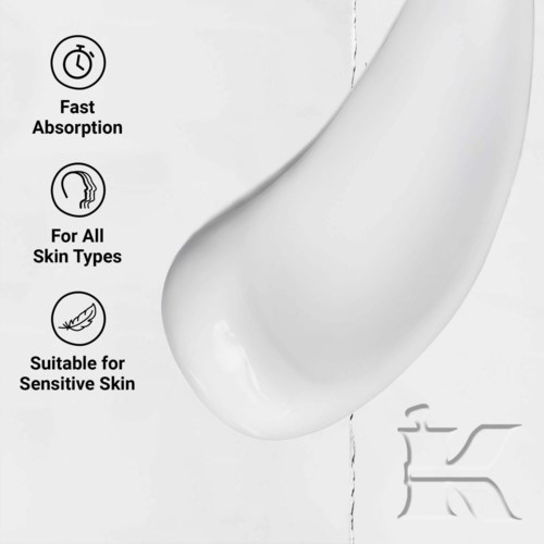 Das Bild zeigt eine weiße Creme mit Symbolen für schnelle Absorption, geeignet für alle Hauttypen und empfindliche Haut.
