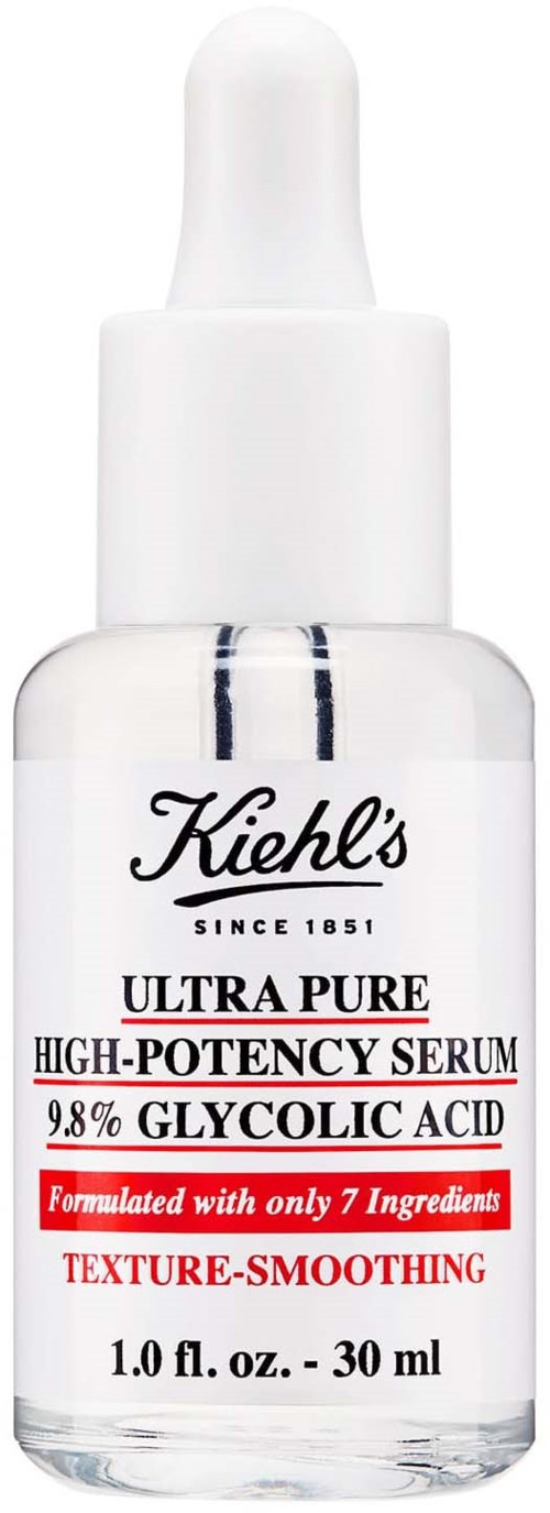 En hvit Kiehl's-serumflaske med pipette, merket som ultra ren, høypotent glykolsyre, og teksturjevnende.