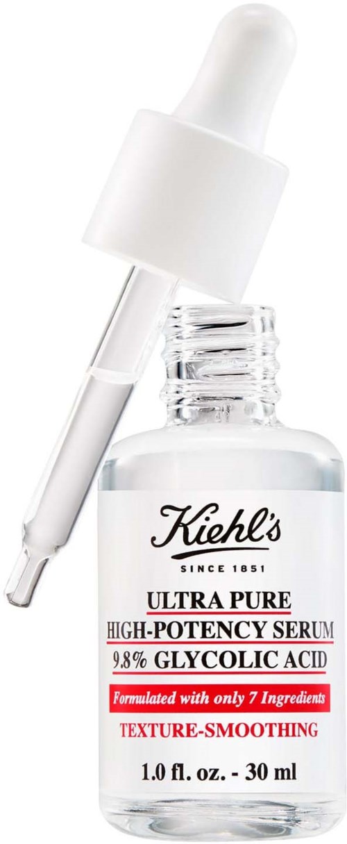 En liten klar glassflaske med hvit pipett, merket Kiehl's Ultra Pure serum, som inneholder 98% glykolsyre.