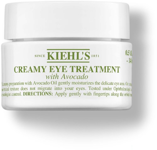 Ein kleines weißes Glas mit Kiehl's Cremige Augenbehandlung mit Avocado. Text beschreibt Feuchtigkeitscreme für das empfindliche Augenlid.